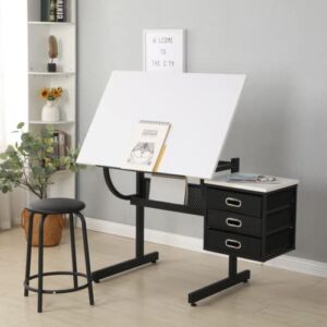LIBOOI Adjustable Drafting Table with Stool, 3 Drawers Drawing Table Craft Table with Metal Frame, Tiltable Art Craft Desk Painting Desk, Wooden Tabletop Art Table with Storage for Home Office, Black