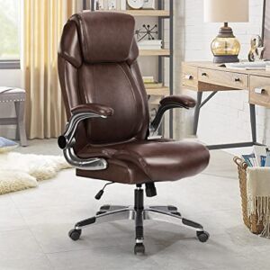 KCREAM Exective Office Chair Ergonomic Office Desk Chair PU Leather Computer Chair Swivel Task Chair with Flip Arms Spring Padded Back Support & Rock, 300Lb Weight Capacity (Brown)