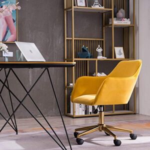 ODC Home Office Swivel Desk Chair, Velvet Armchair with Gold Metal Legs & Universal Wheels, Adjustable Height Rolling Stool Computer Study Task Seat for Living Room Bedroom Vanity, Yellow