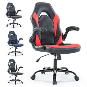 Gaming Chair Ergonomic Office Chair, Padded High Back Computer Desk Chair with Flip-up Armrests, PU Leather Executive Office Chair Swivel Rolling Chair for Adults Teens, Height Adjustable, Tilt & Lock