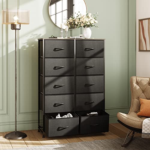 WLIVE 10-Drawer Dresser, Fabric Storage Tower for Bedroom, Hallway, Nursery, Closets, Tall Chest Organizer Unit with Textured Print Fabric Bins, Steel Frame, Wood Top, Easy Pull Handle, Charcoal Black | The Storepaperoomates Retail Market - Fast Affordable Shopping