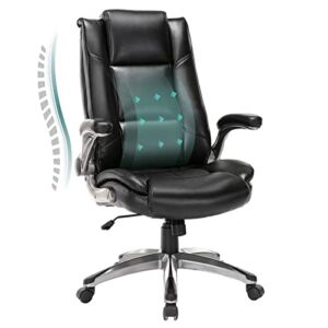 Leather Executive Office Chair- Ergonomic High Back Home Computer Desk Chair with Padded Flip-up Arms, Adjustable Tilt Lock, Swivel Rolling Chair for Adult Working Study-Black, 300LBS