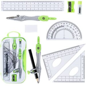 10 Pieces Math Geometry Kit Set with Shatterproof Storage Box, Student Supplies Includes Rulers,Protractor,Compass,Pencil Sharpener,Lead Refills,Pencil,Eraser for School and Drawings