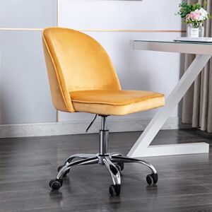 QUINJAY Yellow Velvet Home Office Desk Chair, Upholstered Adjustable Swivel Desk Chair with Round Back, Study Desk Chair Vanity Stool with Silver Base for Small Space Teens Study Makeup