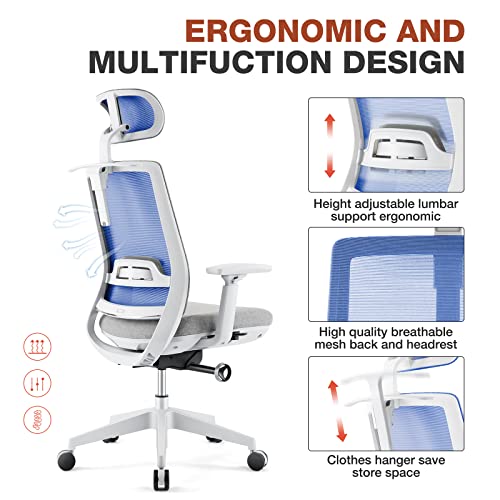 Ergonomic Office Chair Mesh Office Chair Computer Chair with 3D Armrest Lumbar Support Adjustable, Backrest and Headrest Ergonomic Mesh Chair with Rocking Function for Office, Study, Gaming, Blue | The Storepaperoomates Retail Market - Fast Affordable Shopping