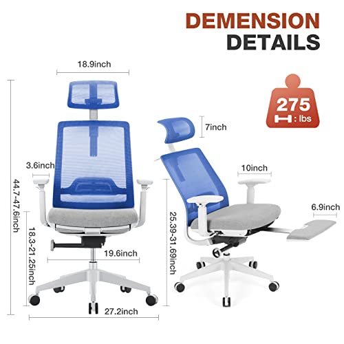 Ergonomic Office Chair Mesh Office Chair Computer Chair with 3D Armrest Lumbar Support Adjustable, Backrest and Headrest Ergonomic Mesh Chair with Rocking Function for Office, Study, Gaming, Blue | The Storepaperoomates Retail Market - Fast Affordable Shopping