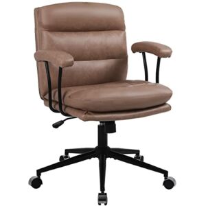 Mid Back Executive Office Chair – Ergonomic Leather Desk Chair with Lumbar Cushion Support Adjustable Height and Rocking Computer Chair with Removable Padded Armrests for Home Swivel Chair（Brown）