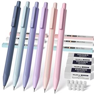 Nicpro 6PCS Pastel Mechanical Pencil Set, Cute Mechanical Pencils 0.5 & 0.7 mm with 6 Tubes HB Lead Refill, 3PCS Eraser and 9PCS Eraser Refill for Student Writing, Drawing, Sketching- with Cute Case