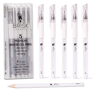 BriskLearner 5 White Gel Pen – 5 Tip Sizes 0.5, 0.7, 0.8, 1.0, 1.2mm for Maximum Opacity Control – Graffiti Ink White Pen for Artists, White Ink Pen – Free White Pencil
