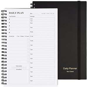 Daily Planner Undated, Asten to Do List Notebook Hourly Schedules Spiral Appointment Planner for Men and Women,PVC Hardcover,Elastic Closure, Inner Pocket 8.3″ x 5.8″ (Black)