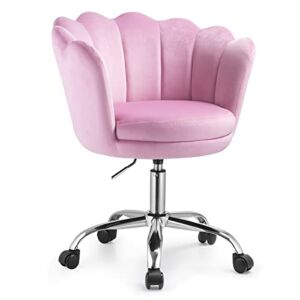 MorPromising Velvet Swivel Chair, Home Office Chair,Modern Desk Chair with Wheels, Petal Back Height Adjustable Makeup Chair for Home Office Study Living Room Vanity Bedroom, Pink