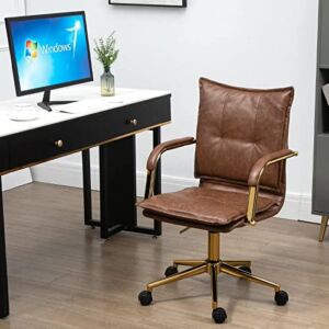 MOJAY Mid-Back Ergonomic Leather Office Chair, Modern Upholstered Executive Desk Chair with Gold Frame Armrest Computer Task Chair (Brown)