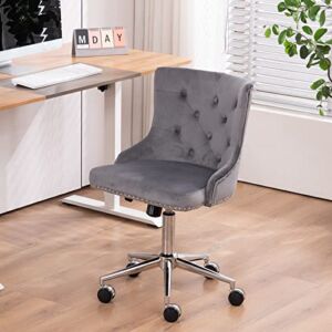VINGLI Velvet Office Chair, Modern Office Chair Grey Desk Chair Upholstered Office Chair Swivel Chair with Wheels, Tufted Office Chair Computer Desk Chairs Accent Desk Chair for Home Office, Gray