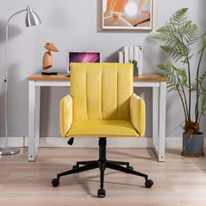 Modern Accent Home Office Chair, Velvet Comfy Adjustable 360° Swivel Chair, Swivel Rolling Desk Chair Study Chair Computer Chair with Wheels for Living Room, Makeup Room, Study (Yellow)