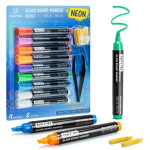 Dry Erase Marker for Black Glass Board, Maxtek Neon Chisel Tip Whiteboard Marker, 8 Colors, 9 Count, with 18 replaceable tips Low-Odor Ink for Black Windows, Car Windows, and Other Non-Porous Surfaces