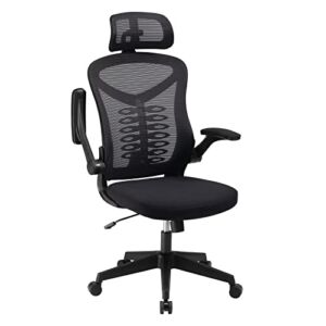 Office Chair, Magic Life Adjustable Desk Chair Flip-up Armrest, Rebound Seat Cushion, Breathable Mesh High Back, Comfortable Lumbar Support, Movable Headrest 360° Rotation, Black