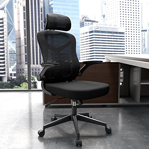 Office Chair, Magic Life Adjustable Desk Chair Flip-up Armrest, Rebound Seat Cushion, Breathable Mesh High Back, Comfortable Lumbar Support, Movable Headrest 360° Rotation, Black | The Storepaperoomates Retail Market - Fast Affordable Shopping