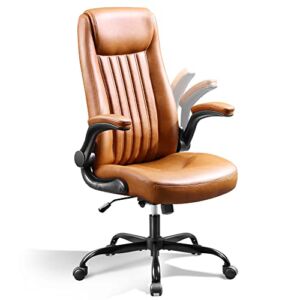 DEVAISE Computer Office Chair, High Back Ergonomic Desk Chair with Adjustable Flip-up Armrests, Lumbar Support and Thick Headrest, Executive Suede Fabric Swivel Task Chair, Brown