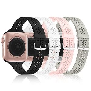 Bandiction 4 Pack Lace Silicone Bands Compatible with Apple Watch Band 38mm 40mm 41mm 42mm 44mm 45mm 49mm, Women Slim Thin Hollow-out iWatch Sport Wristband for iWatch Series SE 8 7 6 5 4 3 2 1