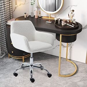 SSLine Faux Fur Swivel Makeup Stool,Cute Task Chair with Wheels,Home Office Chair with Arms,Swivel Reading Chair for Desk Bedroom Office Vanity Room (White)