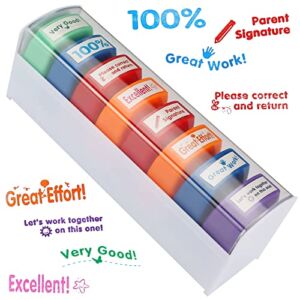 8Pcs Teacher Stamps for Classroom Teacher supplies Self-inking Grading Stamps Encouraging Comments for Parent Signature School Teachers Review Feedback Homework Reward Colorful Stamp with Storage Tray