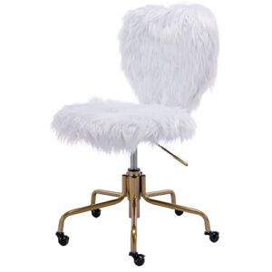 RIVOVA Adjustable Swivel Desk Chair with Wheels, White Upholstered Faux Fur Office Vanity Task Chair with Heart Back