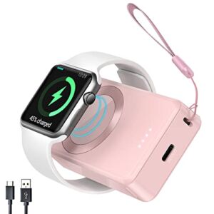 NEWDERY Portable iWatch Charger, Wireless Charger for Apple Watch, Fast Charging,Magnetic Charge, USB C Travel Power Bank for Apple Watch Series Ultra, 8,7,6,5,4,3,2,1,SE(41/45/44/40/42/349mm) Pink