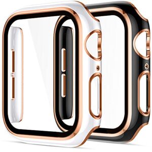 Charlam Compatible with Apple Watch Case 44mm SE Series 6 5 4 with Tempered Glass Screen Protector, 2 Pack Classy Slim Overall Guard Case Cover, Rose Gold Edge Black & Rose Gold Edge White Bumper