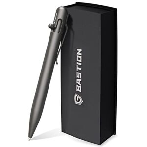BASTION Grey Titanium Bolt Action Pen with Gift Case – Luxury Executive Lightweight Retractable Writing Ballpoint Pen – Ink Refillable Office Pocket EDC Rust Resistant Metal Pens for Men & Women