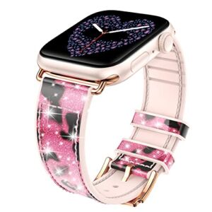 Goton Bling Band for Apple Watch Bands 45mm 44mm 42mm 49mm Series 8 7 SE 6 5 4 3 2 1 Ultra, Women Silicone Glitter Strap Accessories for iWatch All Series 49 45 44 42 mm, Pink Leopard