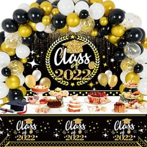 Black and Gold Graduation Party Decorations 2022,67pcs Class of 2022 Party Decor Kit with Balloon Garland Backdrop Banner and Tablecloth for High School, College, Medical Student Graduation Party Supplies