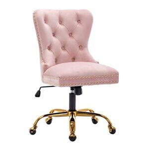 QUINJAY Velvet Home Office Desk Chair, Upholstered Adjustable Swivel Desk Chair with Gold Base, Tufted Study Desk Chair with Comfy High Back for Teens Study Makeup Pink