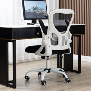 ZJhome 360-Degree Swivel Home Office Computer Desk Chair with Wheels and Flip-up Arms, Lumbar Support Mesh Ergonomic Office Chair, Height Adjustable Task Study Chair, White