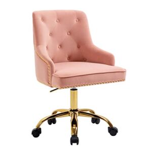 MOJAY Modern Mid-Back Tufted Office Chair, Swivel Height-Adjustable Accent Home Desk Chair,Cute Velvet Soft Seat Vanity Chair with Rivet and Arm Support (Pink)