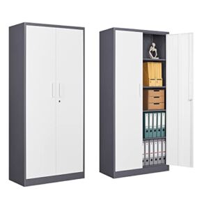 Anxxsu Metal Garage Storage Cabinet, 71″ Locking Storage Cabinet with 2 Doors and 4 Adjustable Shelves, Lockable Metal Cabinet for Office,Home,Garage,Gym,School（Gray White）
