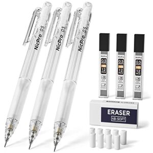 Nicpro Mechanical Pencils Set, 3PCS Mechanical Pencil 0.5 with 3 Tubes HB Lead Pencil 0.5mm,1 PCS Eraser & 9 PCS Eraser Refill, White Drafting Pencil with Great Grip for Drawing Sketching and Writing