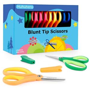 Huhuhero Kids Scissors, 5” Small Safety Scissors Bulk Blunt Tip Toddler Scissors, Soft Grip Right/Left Handed Kid scissors for School Classroom Children Craft Art Supplies, Assorted Colors, 12-Pack