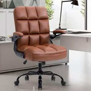SEATZONE Leather Office Chair Executive Desk Chair with Flip Armrest Small Chair for Desk Chairs with Wheels Adjustable Backward Tilt Swivel Chair