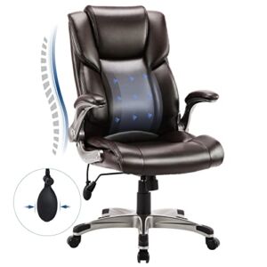 Leather Executive Office Chair- High Back Home Computer Desk Chair with Padded Flip-up Arms, Adjustable Tilt Lock, Swivel Rolling Ergonomic Chair for Adult Working Study-Brown