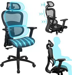 Komene Mesh Office Chair-ErgoPro Ergonomic Office Chair with Lumbar Support, Adjustable headrest and 3D Armrest, High Back Mesh Computer Chair, Rolling Home Desk Chair,Executive Swivel Chair (Black)