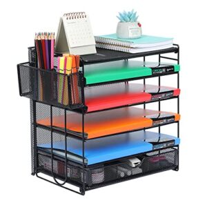 Samstar Paper Letter Tray, 5 Tier Desk File Organizer Paper Shelves Sorter Rack with Sliding Drawer and Extra Pen Holder, Black