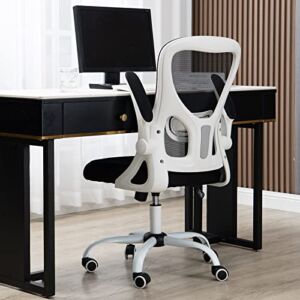 WQSLHX 360-Degree Swivel Ergonomic Home Office Desk Chair with Wheels and Flip-up Arms, Lumbar Support Mesh Computer Office Chair, Adjustable Height Task Study Chair(White)