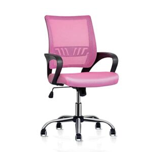 MoNiBloom Mesh Office Home Chair, Mid Back Ergonomic Rolling Swivel Chair with Lumbar Support and Padded Seat for Women Adults, Pink