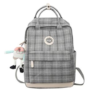 Light Academia Aesthetic Backpack with Plushies Plaid Preppy Backpack for School Teen Girls Back to School Book Bag Supplies (Gray)