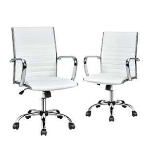 COSTWAY Ribbed Office Chair Set of 2, Swivel Executive PU Leather High Back Chair with Height Adjustable, Armrest, Rocking Backrest, Lumbar Support, Ergonomic Task Managerial Chair for Home (White)