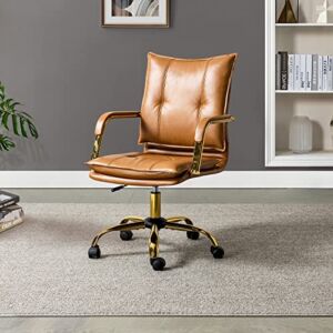HULALA HOME Faux Leather Home Office Desk Chair, Adjustable Swivel Computer Chair with Golden Legs and Arms, Comfy Upholstered Task Chair,Camel
