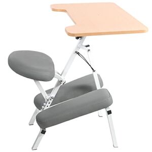 VIVO Kneeling Chair with 28 x 18 Inch Desk, Height Adjustable Posture Stool with Table for Home and Office, Gray Cushions, Light Wood Desktop, White Frame, DESK-KN01C