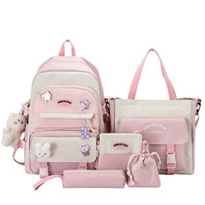 Kawaii Backpack Set 5pcs Cute Aesthetic Backpack for Teen Girls Preppy Trendy Japanese Anime Aesthetic School Supplies (Pink)