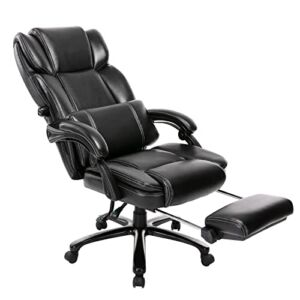 Reclining Office Chair with Footrest, Big and Tall Home Desk Executive Computer Chair with Padded Arms Adjustable Tilt Lock and Lumbar Support- High-Back PU Leather Chair-Black
