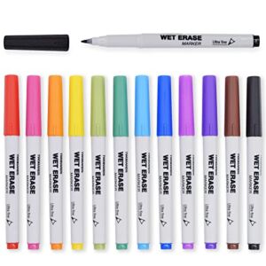 TWOHANDS Wet Erase Markers Ultra Fine Tip,0.7mm,Low Odor,Extra Fine Point,12 Assorted Colors,Whiteboard Markers for kids,School,Office,Home,or Planning Dry Erase Board,20703